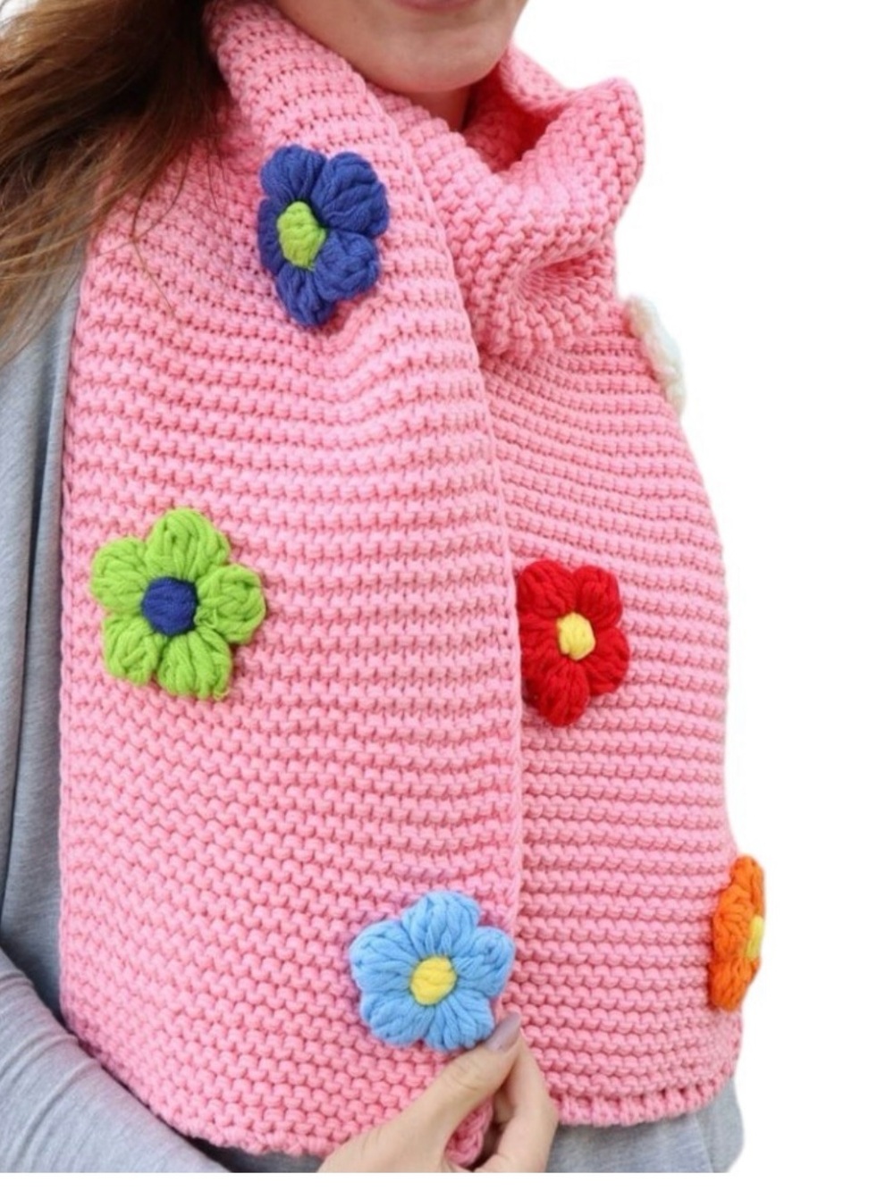 Fashion Nova Pink Crochet Scarf with Multicolor Flower Appliquรฉs